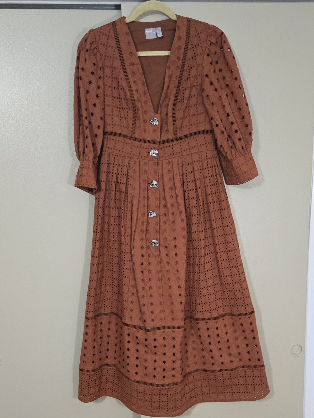 ASOS Rust Eyelet Bohemian Midi Dress with Button Front Size 6